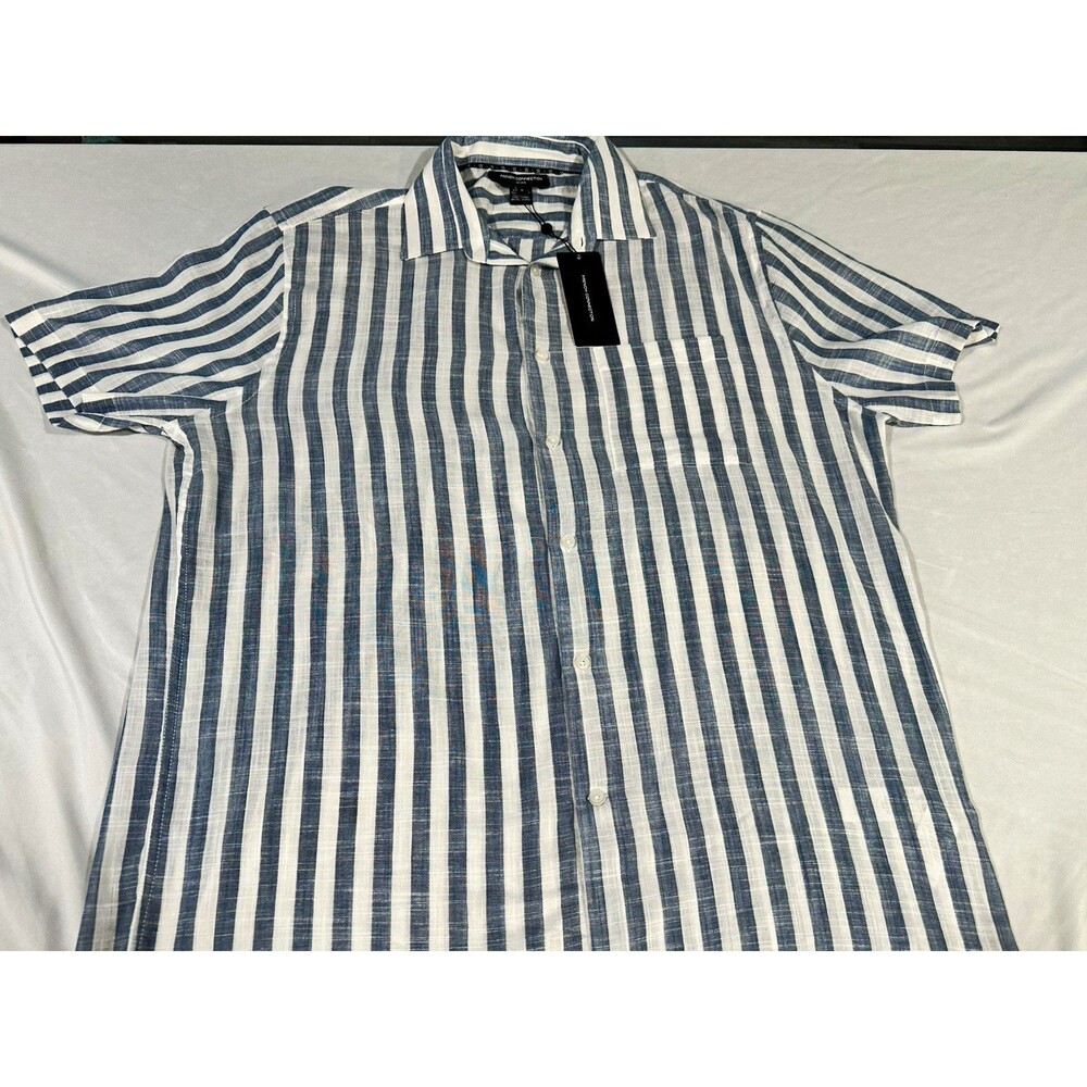 French Connection Mens XL Blue White Stripe 100% Cotton Short Sleeve Shirt NWT
